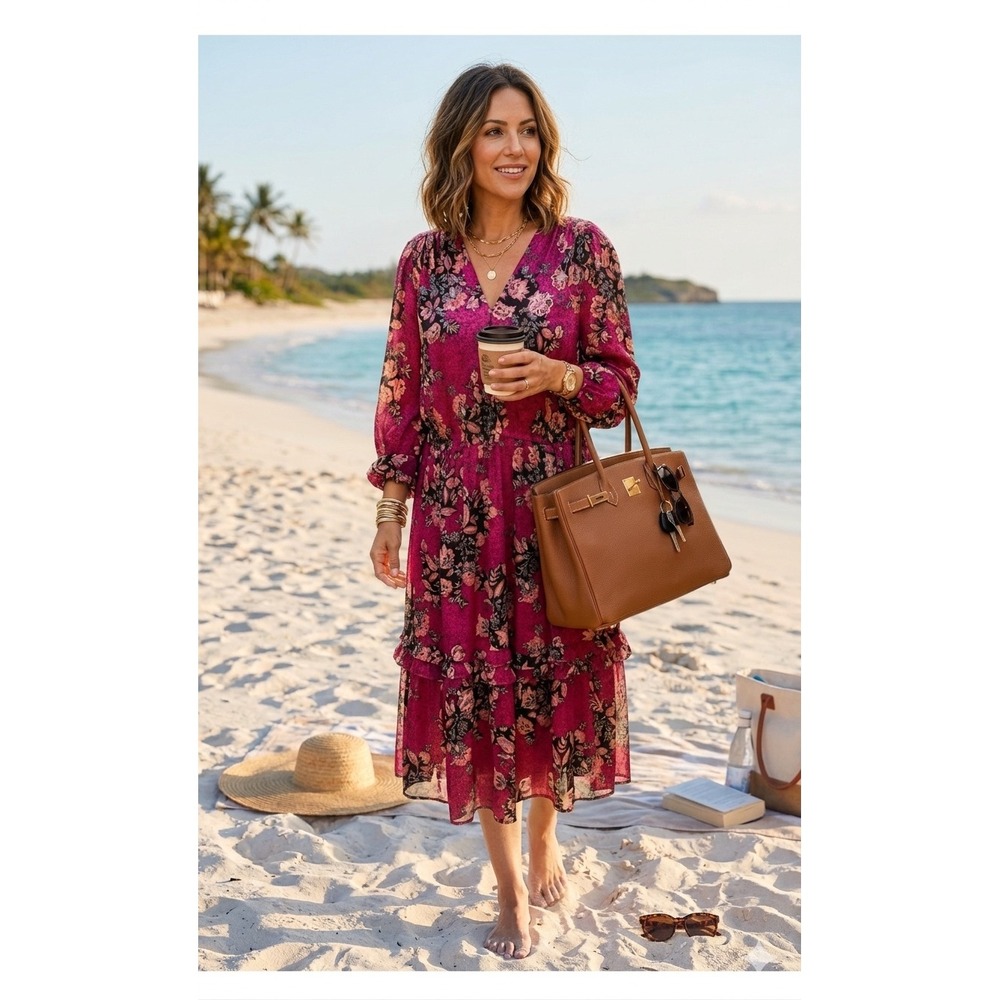 🔥Lane‎ Bryant 🩷Floral Boho Tiered Midi Dress Plus Size 24  Long Sleeve NWT$109